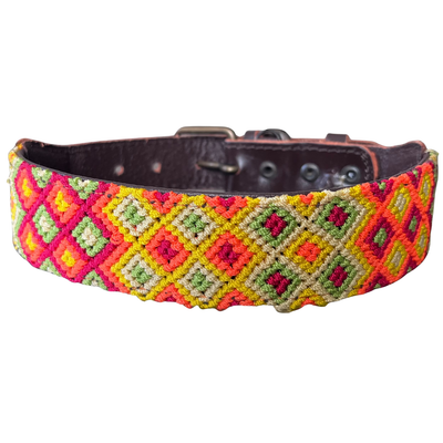 One-of-a-kind handwoven AMOR dog collar, size L, orange, yellow and red