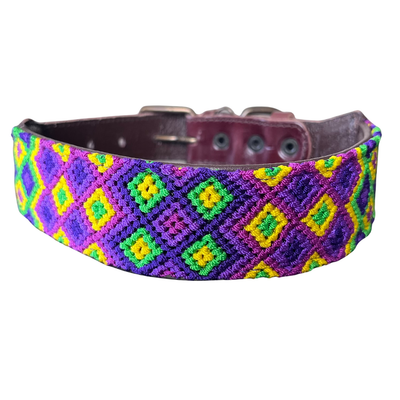 One-of-a-kind handwoven AMOR dog collar, size L, purple, yellow and green