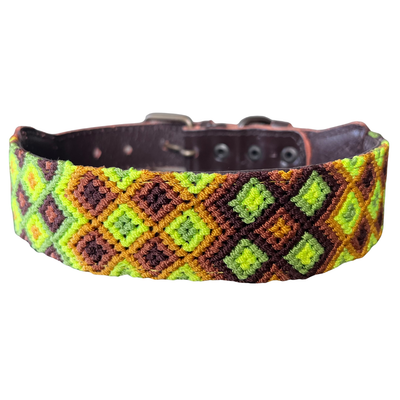 One-of-a-kind handwoven AMOR dog collar, size L, yellow, orange and brown