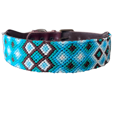 One-of-a-kind handwoven AMOR dog collar, size L, blue, white and black