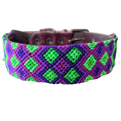 One-of-a-kind handwoven AMOR dog collar, size L, purple and green