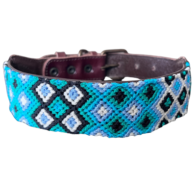 One-of-a-kind handwoven AMOR dog collar, size L, blue, white and black