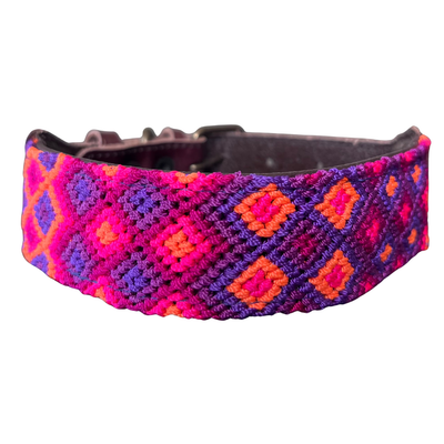 One-of-a-kind handwoven AMOR dog collar, size M, pink, purple and orange