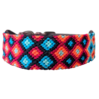 One-of-a-kind handwoven AMOR dog collar, size M, red and blue