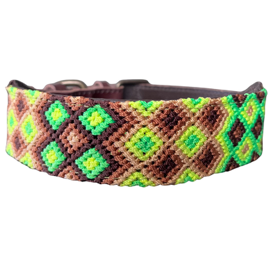 One-of-a-kind handwoven AMOR dog collar, size M, green, brown and pink