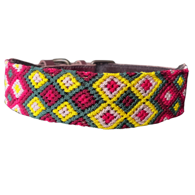 One-of-a-kind handwoven AMOR dog collar, size M, green, pink and yellow