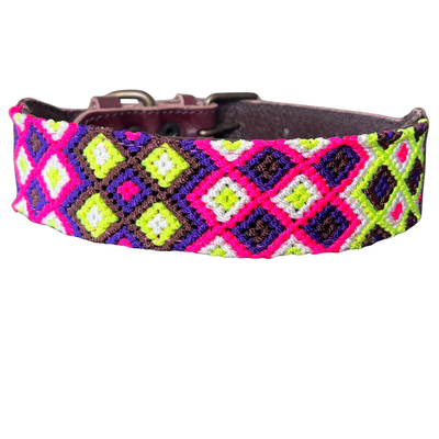 One-of-a-kind handwoven AMOR dog collar, size M, pink, green, purple and yellow