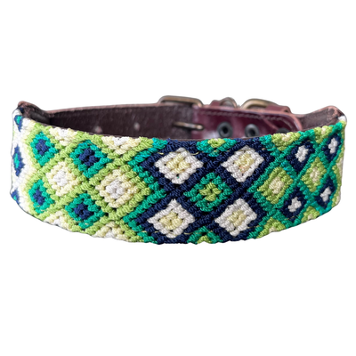 One-of-a-kind handwoven AMOR dog collar, size M, green, yellow and blue