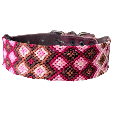 One-of-a-kind handwoven AMOR dog collar, size M, pink and brown