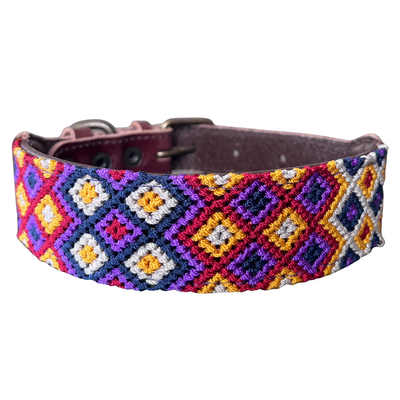 One-of-a-kind handwoven AMOR dog collar, size M, purple, orange, yellow and blue