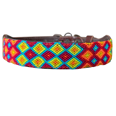 One-of-a-kind handwoven AMOR dog collar, size S+, blue, yellow, orange and red