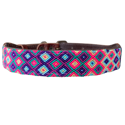 One-of-a-kind handwoven AMOR dog collar, size S+, purple, pink and blue