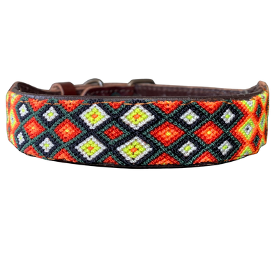 One-of-a-kind handwoven AMOR dog collar, size S+, orange, yellow and black