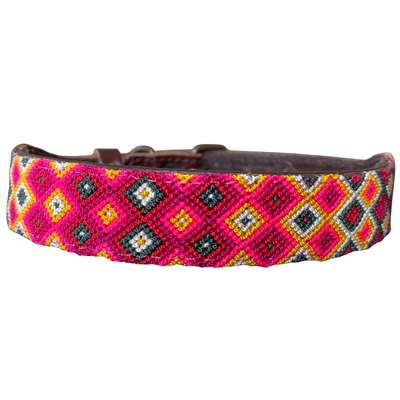 One-of-a-kind handwoven AMOR dog collar, size S+, pink and red