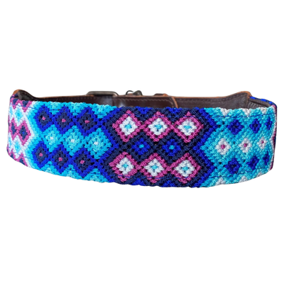 One-of-a-kind handwoven AMOR dog collar, size XL, blue, pink and white