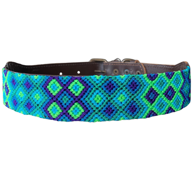 One-of-a-kind handwoven AMOR dog collar, size XL, green and blue