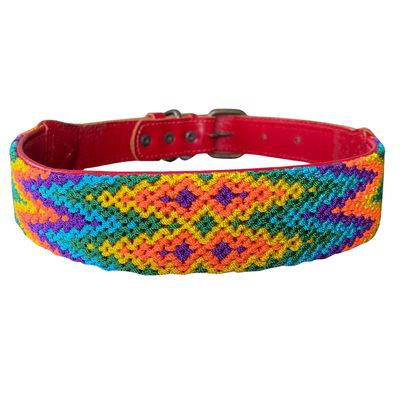 One-of-a-kind handwoven AMOR dog collar, size XL, rainbow weave with red leather