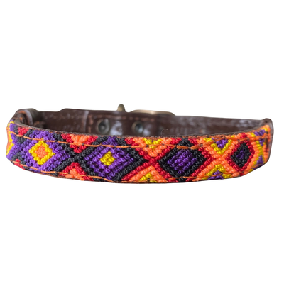 One-of-a-kind handwoven AMOR dog collar, size XS, purple, orange and red