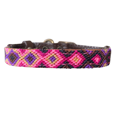 One-of-a-kind handwoven AMOR dog collar, size XS, pink and purple