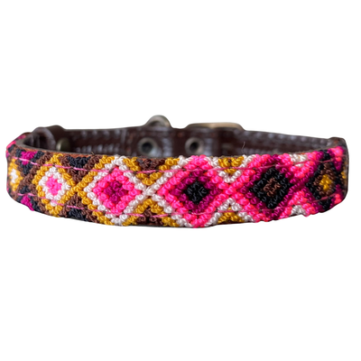 One-of-a-kind handwoven AMOR dog collar, size XS, pink, yellow and orange
