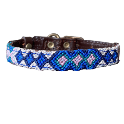 One-of-a-kind handwoven AMOR dog collar, size XS, blue and white