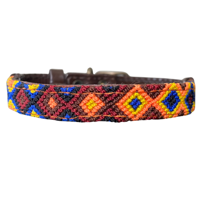 One-of-a-kind handwoven AMOR dog collar, size XS, orange, blue and yellow