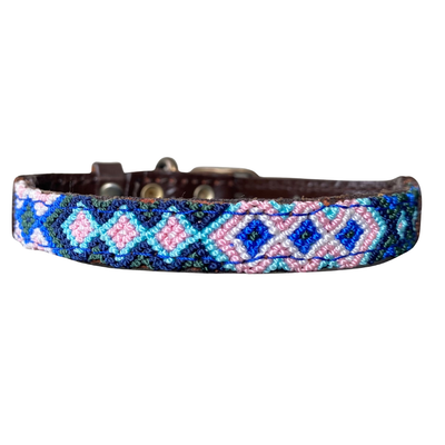 One-of-a-kind handwoven AMOR dog collar, size XS, blue and pink