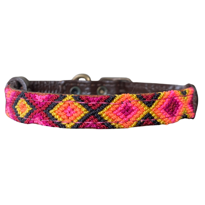 One-of-a-kind handwoven AMOR dog collar, size XS, pink, orange and yellow