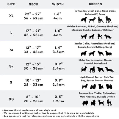 AMOR Handmade dog collar size guide: neck measurements and widths for XS, S, S+, M, L and XL
